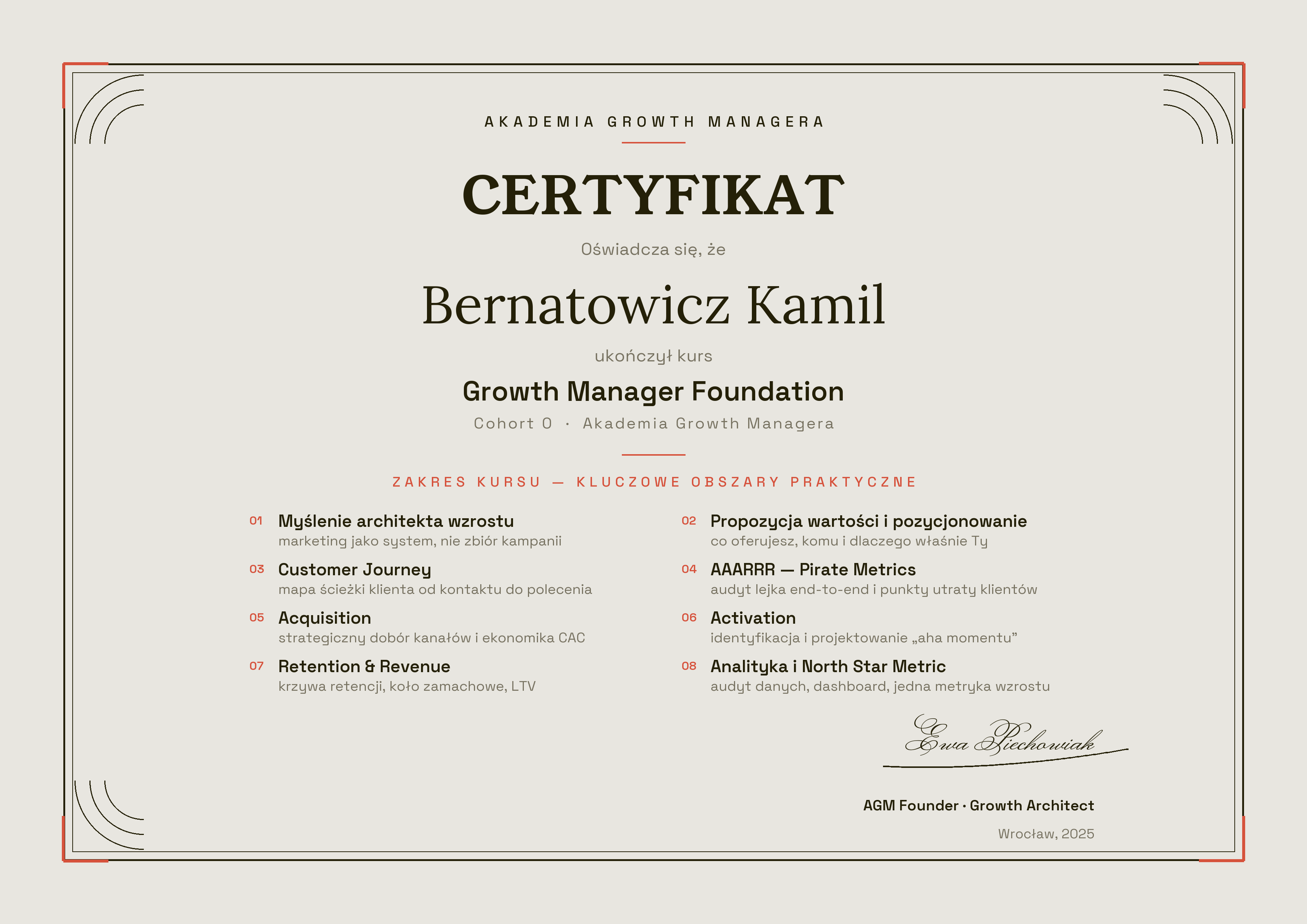 Certyfikat ukończenia kursu Growth Manager Foundation